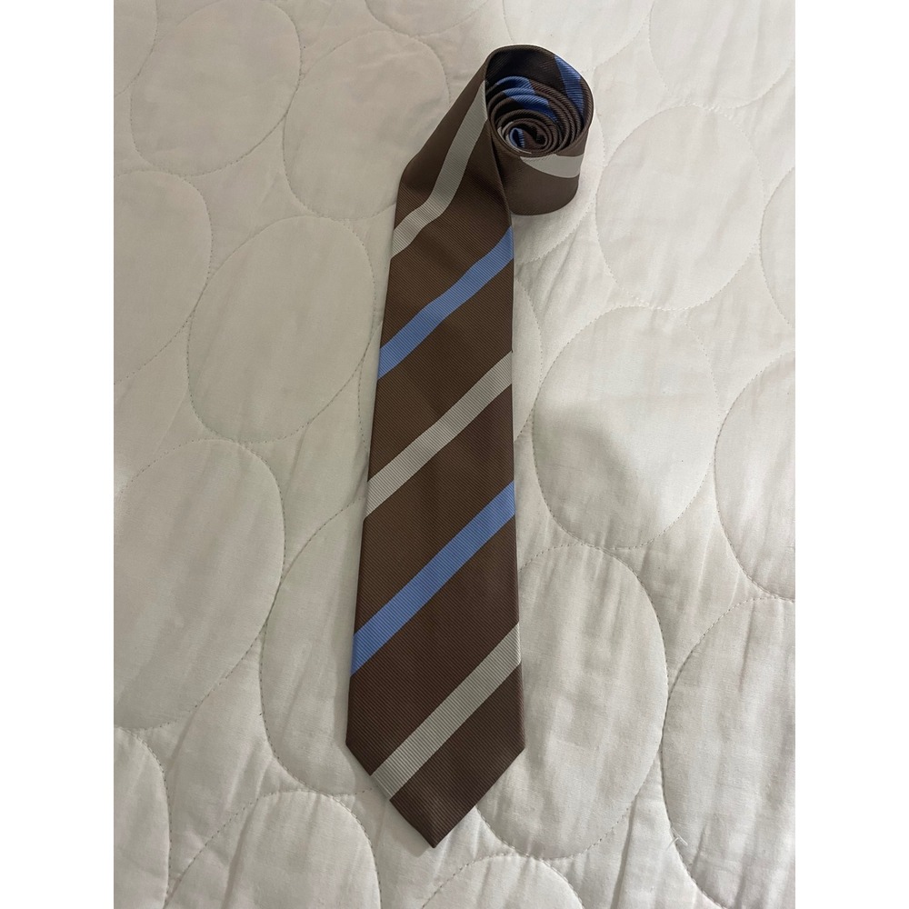 Robert Jensen Mens Silk Tie Brown Blue Silver Striped Hand Sewn Italy 3.25"
